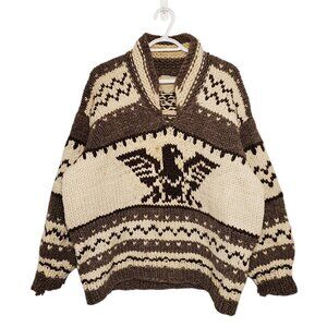 Vintage 80s Cowichan Indian Eagle Hand Knit Sweater brown size XL